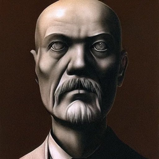 Prompt: portrait of Vladimir Lenin ghost by Zdzisław Beksiński, irwin penn, Giorgio de Chirico, realistic, digital art, dark, moody, gloomy