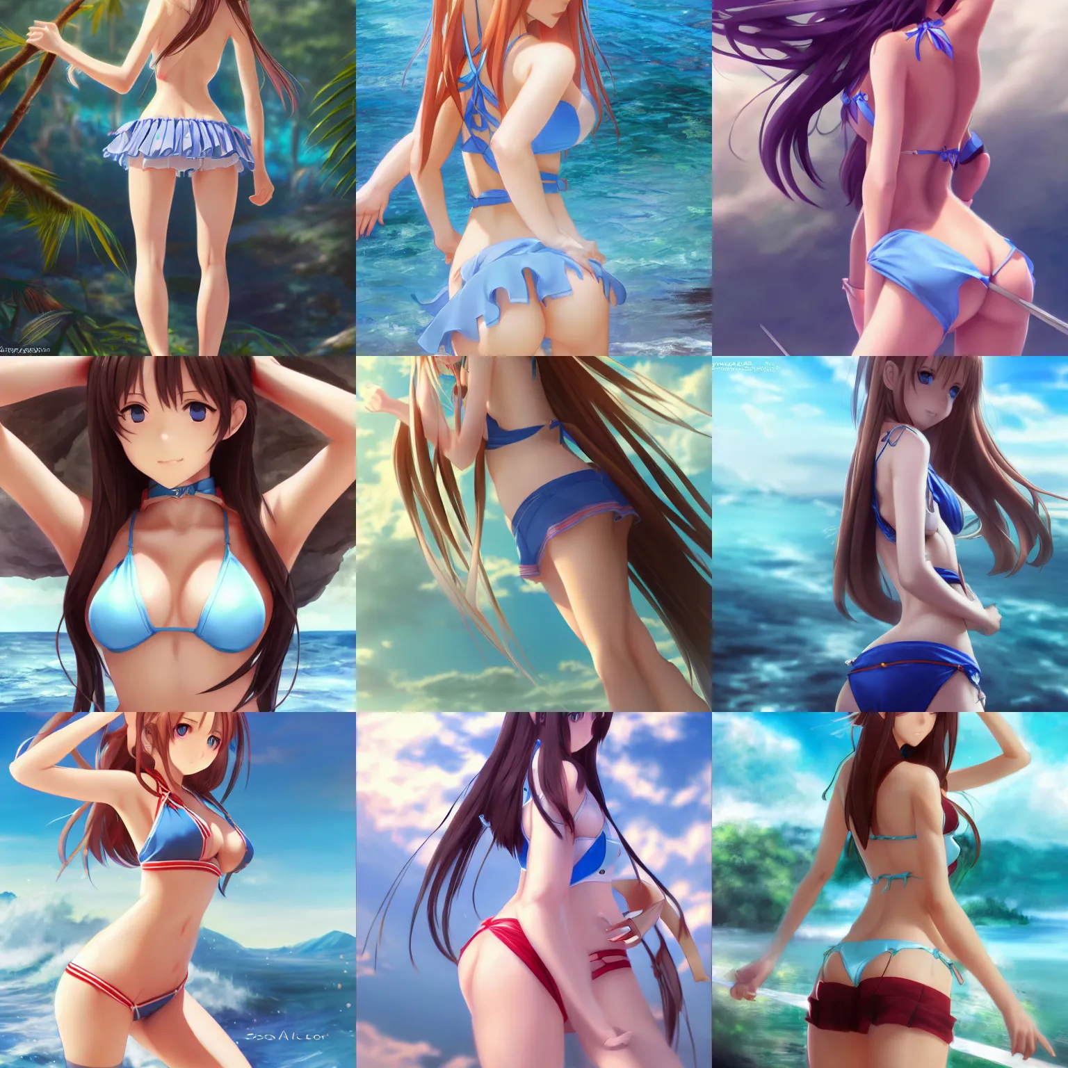 Prompt: very beautiful young yuuki asuna, full body, sky blue eyes, full round face,, bikini, miniskirt, back view, mid - shot, highly detailed, cinematic wallpaper by stanley artgerm lau
