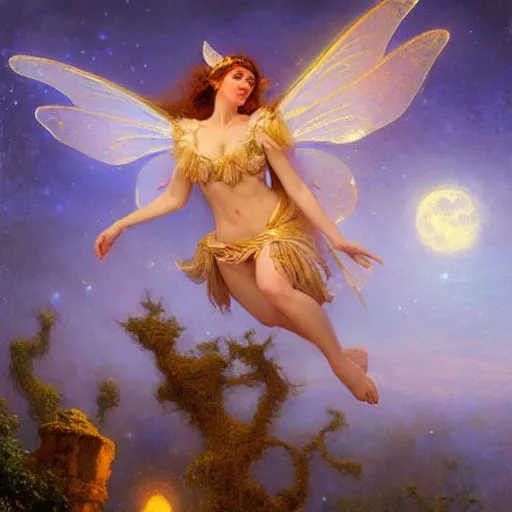 Image similar to attractive fairy magically floating high in the night, fantasy, full moon in background. highly detailed painting by gaston bussiere, craig mullins, j. c. leyendecker, mid shot, 8 k