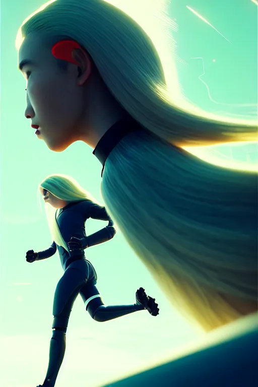 Image similar to profil android women running, scifi, futuristic design, bae suzy, long white hair, character design, cinematic lighting, highly detailed, by beeple, goro fujita, smooth gradient.