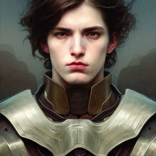 Prompt: portrait painting of a pale serious young man with a soft face and medium brown hair wearing armor, ultra realistic, concept art, intricate details, eerie, highly detailed, pursed lips, melancholy expression, photorealistic, octane render, 8 k, unreal engine. art by artgerm and greg rutkowski and charlie bowater and magali villeneuve and alphonse mucha