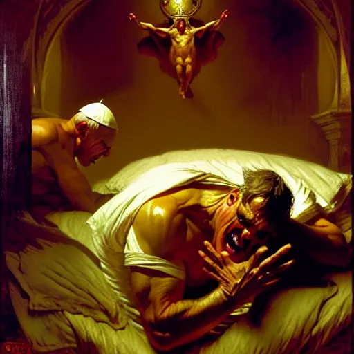 Prompt: the pope wakes up is his bed, sweating, nervous, terrified, because a double horned shadow demon lurks in the papal bedroom. highly detailed painting by gaston bussiere, j. c. leyendecker, greg rutkowski, craig mullins 8 k