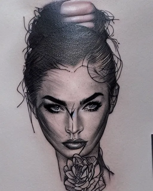 Prompt: a mashup between a megan fox face with a beautiful mountain scenery creative double exposure effect, medium sized tattoo sketch, amazing detail, trending on pinterest, in the style of brandon kidwell