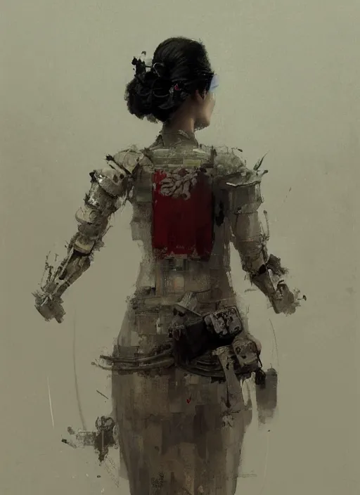Prompt: geisha robot, rule of thirds, intricate outfit, spotlight, by greg rutkowski, by jeremy mann, digital painting