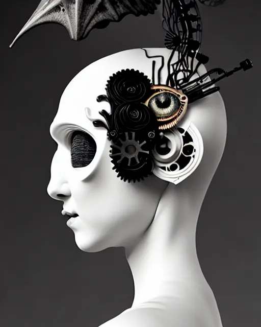 Image similar to black and white dreamy foggy profile face portrait, one steampunk eye biomechanical beautiful young female cyclope - cyborg - robot bust, body ribs meshes,, volumetric light, hibiscus flowers, by hg giger, rim light, by dora maar and cecile beaton, big gothic fashion pearl embroidered collar, 8 k