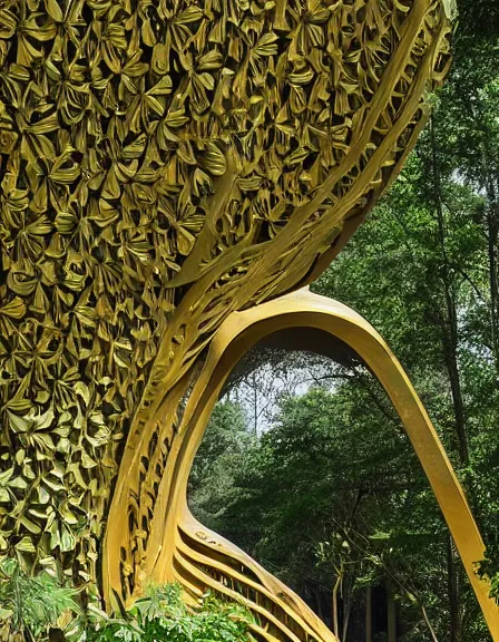 Prompt: a massive gold and porcelain sculpture in the jungle covered in flowers and vines photograph, architecture carved for a titan, beautiful in its smoothness and expansiveness, curving geometric arches, architectural photograph by louis kahn and moshe safdie