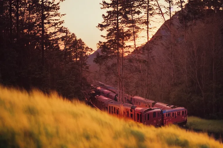 Image similar to trains riding in the sunset over a mountain. film photography, soft lighting