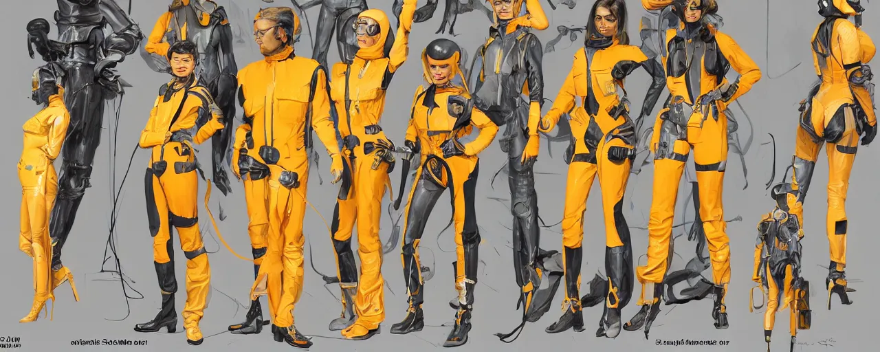 Prompt: character design, fashion reference sheet, gaunt, 70's jetfighter pilot girl, optimistic, dirty yellow and orange flight suit, scuffed exoskeleton in a dark hangar, concept art, photorealistic, hyperdetailed, 3d rendering!, studio lighting , art by Leyendecker! and syd mead,