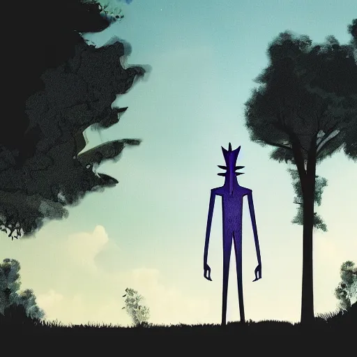 Image similar to a tall monster with elongated limbs walking through a suburban neighborhood, realistic lighting