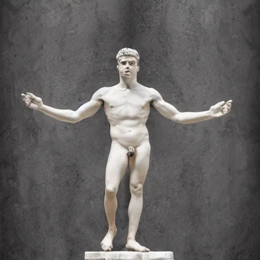 Image similar to rami malek as marble statue of ancient roman emperor, created by michelangelo, museum photoshot, 3 d photorealistic render, high resolution, 8 k