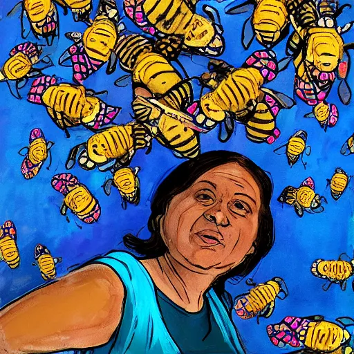 Prompt: my mother being held captive by a swarm of beezles with colorful bandanas on their ankles, ultra detailed, realistic