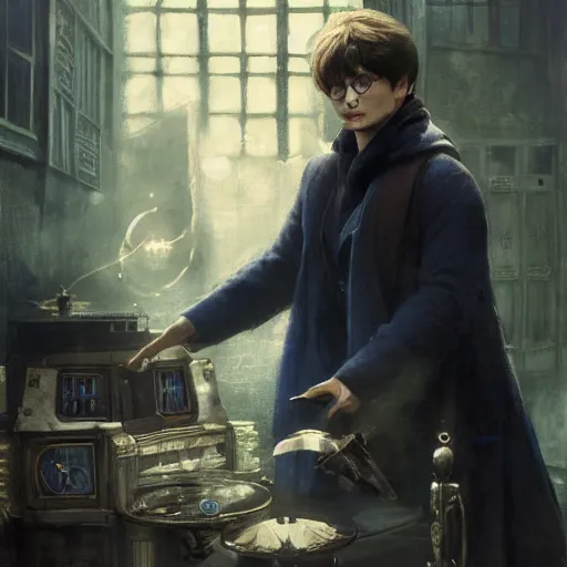 Prompt: harry potter at a tardis console, highly detailed, artstation, concept art, smooth, sharp focus, illustration, perfect face, art by jules bastien - lepage, jean - joseph benjamin - constant, greg rutkowski, karl blossfeldt, willem claesz. heda