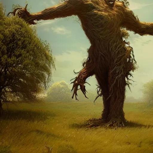 Prompt: massive tree monster walking in a field, matte art by greg rutkowski, artstation