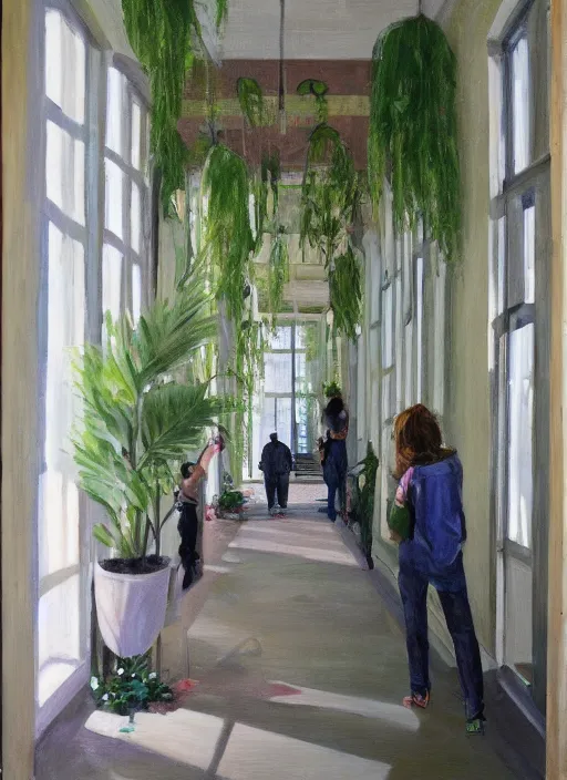 Image similar to an empty hallway, full of house plants and people, oil on canvas