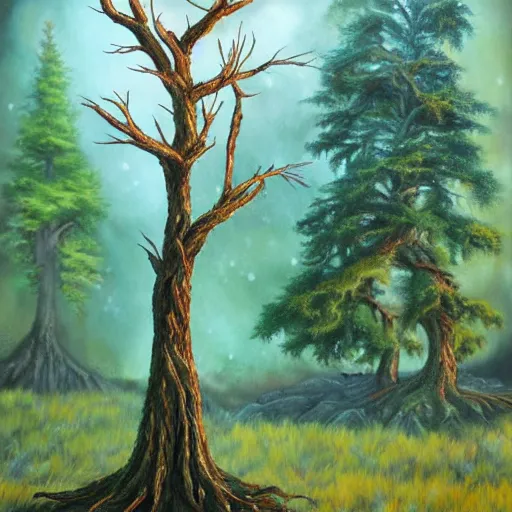 Prompt: A 13 year old tree, fantasy painting, lots of detail