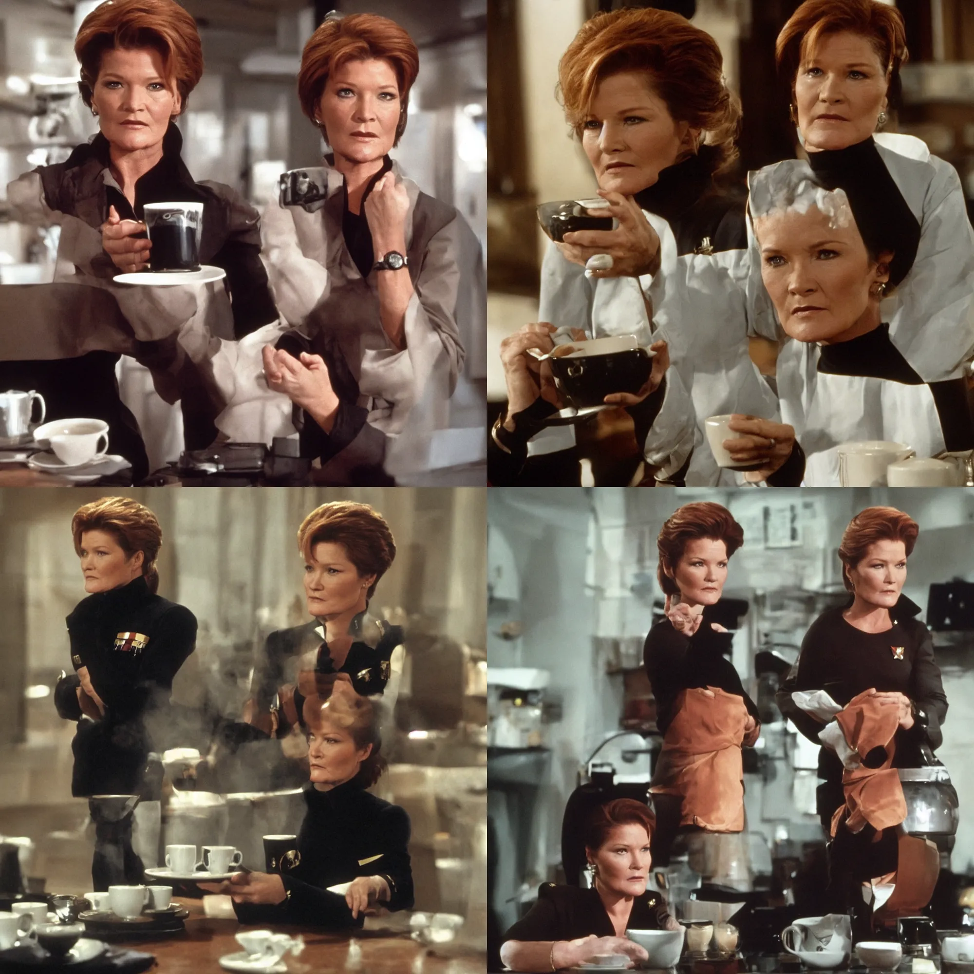 Prompt: Captain Kathryn Janeway looking stern at a cup of black coffee, film still