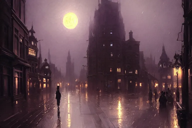 Image similar to a shadow in the sky above a victorian city, scene in a rainy night. full moon, 1 8 9 0, key visual, conceptart, ambient lighting, highly detailed, digital painting, artstation, concept art, sharp focus, by makoto shinkai and akihiko yoshida and greg manchess