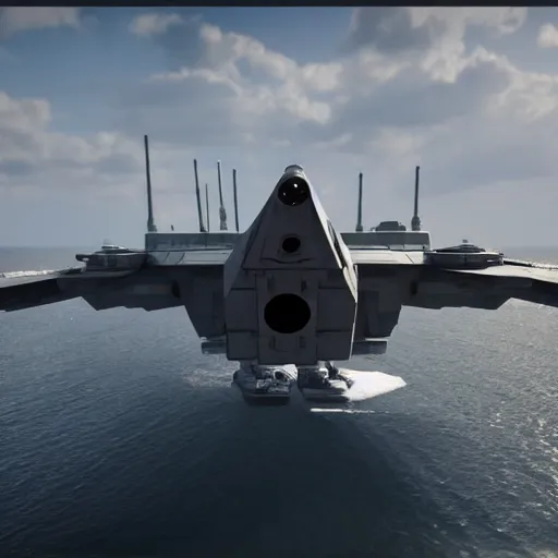 Prompt: a tie fighter coming in for a landing on a usa aircraft carrier. octane 3 d render, cinematic.