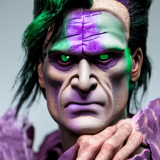 Image similar to frankenstein in green and purple, detailed skin, shiny jewels, professional make up, elvis hair style, created by the make up artist hungry, photographed by andrew thomas huang, cinematic, expensive visual effects