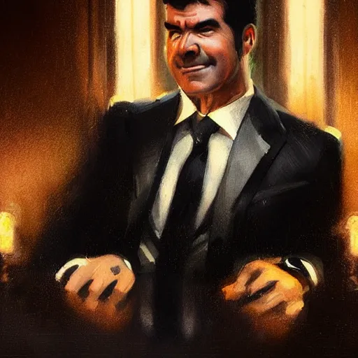 Image similar to a portrait of simon cowell grimacing in disappointment, 1 9 2 0 s, femme fatale, gorgeous view, night, film noir, eerie, high detail, depth, masterpiece by greg rutkowski, digital art, trending on artstation