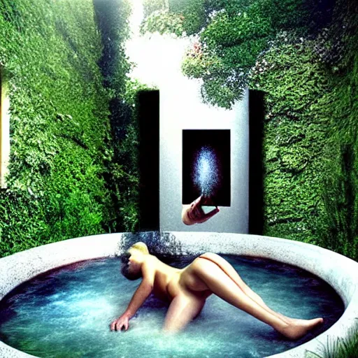 Prompt: hyperrealism photography computer simulation visualisation of parallel universe detailed bath in the garden in surreal scene from art house futuristic movie by caravaggio