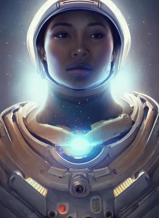 Prompt: masterpiece portrait of cosmic astronaut on a spaceship, au naturel, hyper detailed, digital art, trending in artstation, cinematic lighting, studio quality, smooth render, unreal engine 5 rendered, octane rendered, art style by klimt and nixeu and ian sprigger and wlop and krenz cushart and riot and overwatch