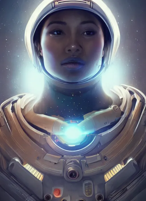 Image similar to masterpiece portrait of cosmic astronaut on a spaceship, au naturel, hyper detailed, digital art, trending in artstation, cinematic lighting, studio quality, smooth render, unreal engine 5 rendered, octane rendered, art style by klimt and nixeu and ian sprigger and wlop and krenz cushart and riot and overwatch