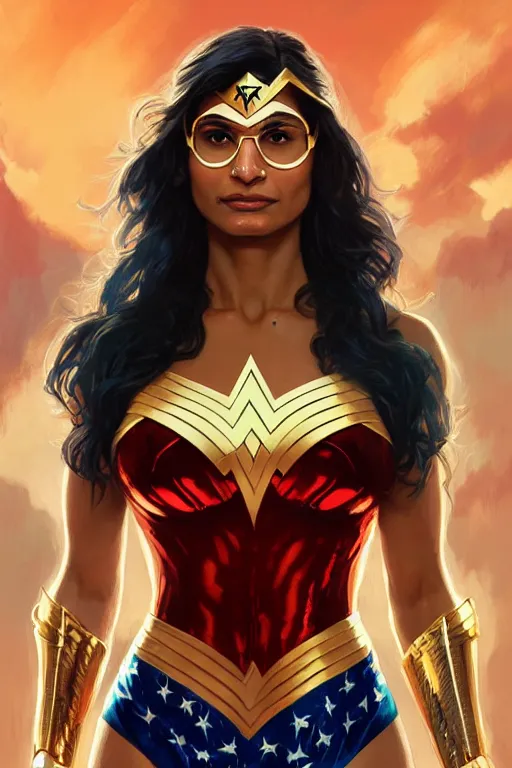 Image similar to mia khalifa as wonder women, portrait,, highly detailed, digital painting, artstation, concept art, smooth, sharp focus, illustration, cinematic lighting, art by artgerm and greg rutkowski and alphonse mucha