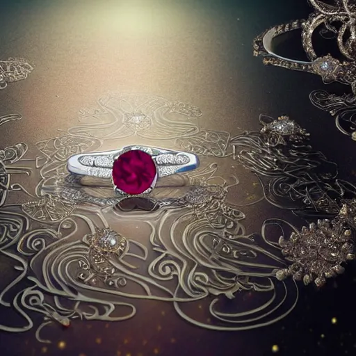 Prompt: a beautiful wedding ring design made of platinum glowing in sparkles with heavenly notes neo rococo, diamond and ruby, highly detailed sailor moon aesthetic, fantasy, intricate, elegant, highly detailed, digital painting, artstation, concept art, matte, sharp focus, illustration, in the style of aetherpunk