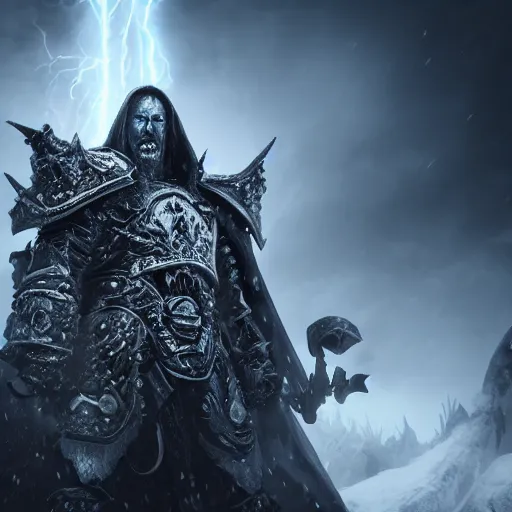 Prompt: The lich king, Artstation HQ, photorealistic, hiperrealistic, sharp focus, 4k UHD, Unreal Engine 5, cinematic shot, cinematic lightning, dark tones, high contrast, intricate, masterpiece