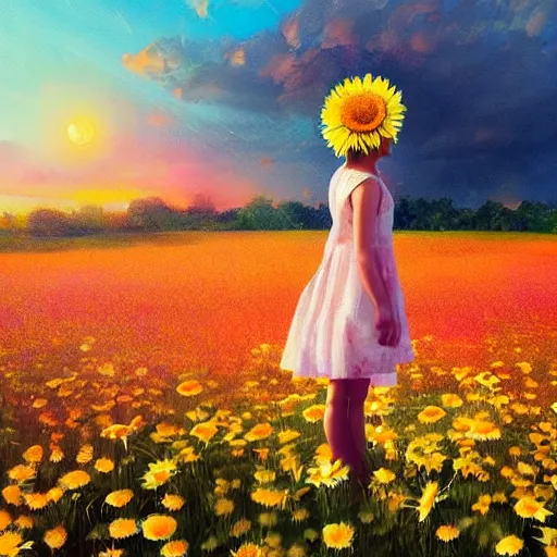 Image similar to head and face made of giant daisies, girl standing barefoot in a flower field, holding flowers, surreal photography, sunrise dramatic light, impressionist painting, colorful clouds, large sky, digital painting, artstation, simon stalenhag, flower face