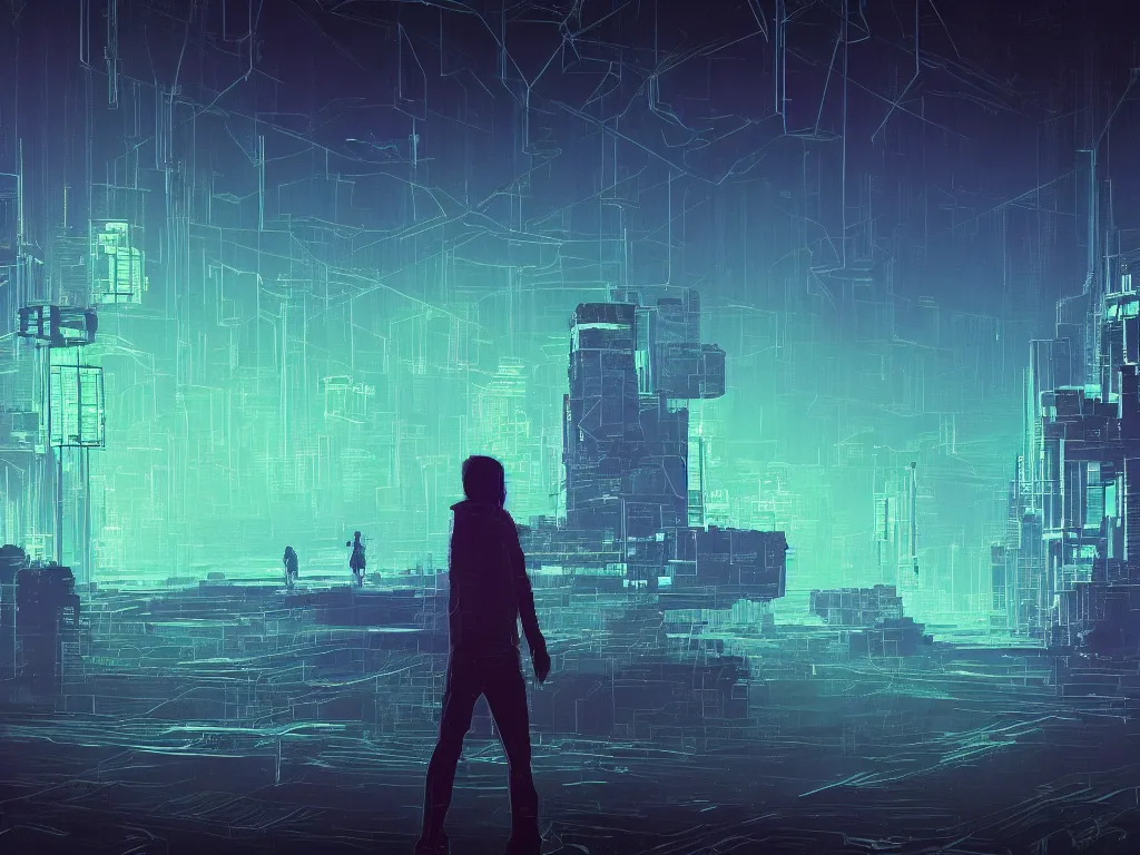 Prompt: synthwave landscape of a virtual traveler walking towards a distant castle , cyberspace, grid, virtual, night, wireframe, by John Smith, by Alena Aenami, by Greg Rutkowski, wide angle, highly detailed, cinematic, Blue and Green color scheme