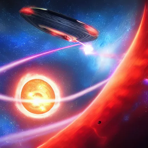 Prompt: an epic space battle, two fleets, spaceships are on fire from laser beams, against the background of a red gas giant, a gas giant ring system, an unfinished hyperspace portal, Hyper detail, full of colour, science fiction, cinematic, 8K, award winning artwork, high quality printing, fine art, intricate, epic lighting, very very very very beautiful scenery, 8k resolution, digital painting, sharp focus, professional art, atmospheric environment, 8k ultra hd, artstationHD, hyper detailed, elegant, cinematic, awe inspiring, beautiful