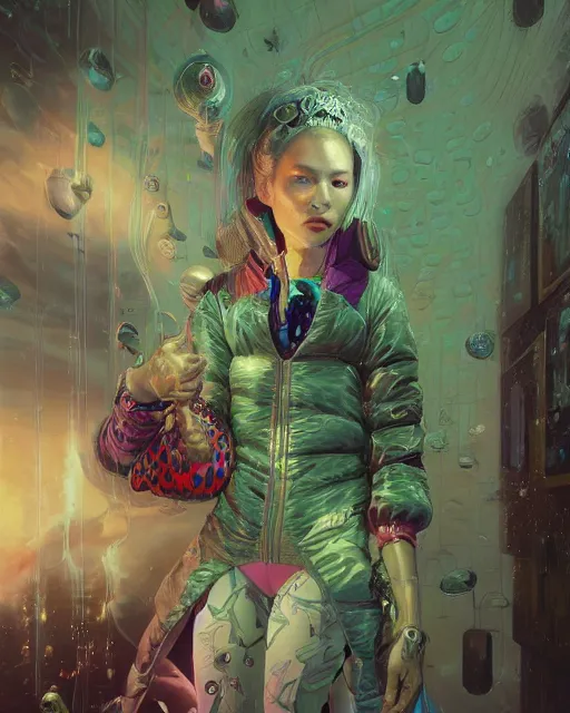 Image similar to beautiful fantasy character portrait, yayoi kusama locked in an infiniti room, wearing oversized puffy pink bomber jacket and black bikini, ultra realistic, wide angle, seductive pose, cyberpunk artifacts, highly detailed by peter mohrbacher, hajime sorayama, wayne barlowe, boris vallejo, aaron horkey, gaston bussiere, craig mullins