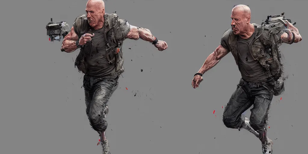 Prompt: cartoonish bruce willis running, by geert goilis, vivid colors, character sheet, fine details, concept design, contrast, kim jung gi, greg rutkowski, trending on artstation, 8 k, full body, turnaround, front view, back view, ultra wide angle