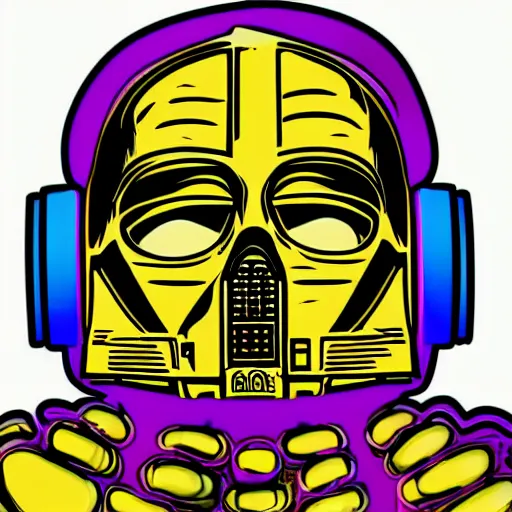 Image similar to artgerm, psychedelic laughing c 3 p 0, rocking out, headphones dj rave, digital artwork, r. crumb, svg vector