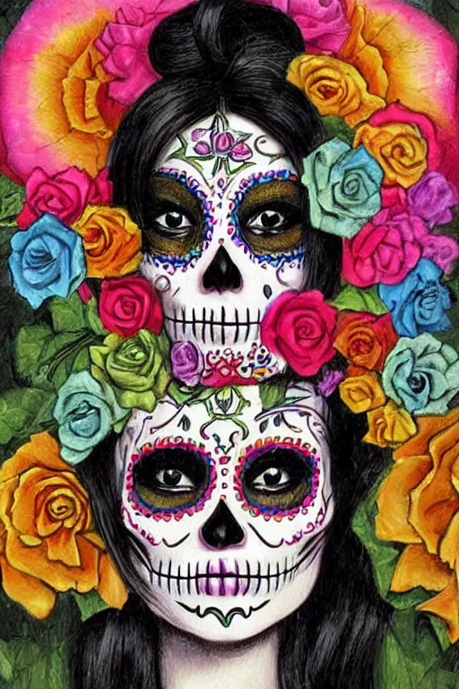 Prompt: Illustration of a sugar skull day of the dead girl, art by Thomas Cole