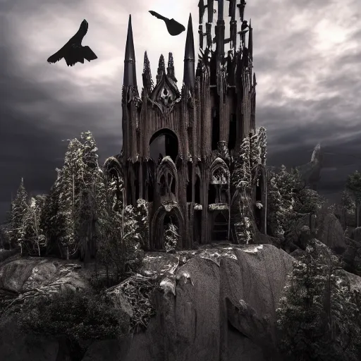 Prompt: dark gothic palace, gothic palace made, GOTHIC PALACE! of rock with tall spires, bristlecone pine trees, ultrawide cinematic 3d render, dark dramatic skies, atmospheric, vultures