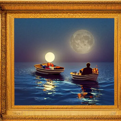 Prompt: father and daughter in a small boat late at night with the moon reflecting across the water,8k, hyper realistic, realistic waves, highly ornate intricate details, symmetrical artwork, digital artwork, cinematic, deep aesthetic, rich color,