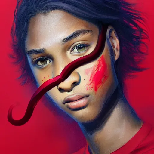 Image similar to colorful and festive captivating teenager with straight brown hair covering his eye, dark skin, big lips, big eyes, wearing a red t - shirt. rich vivid colors, ambient lighting, dynamic lighting, 4 k, atmospheric lighting, painted, intricate, highly detailed by charlie bowater