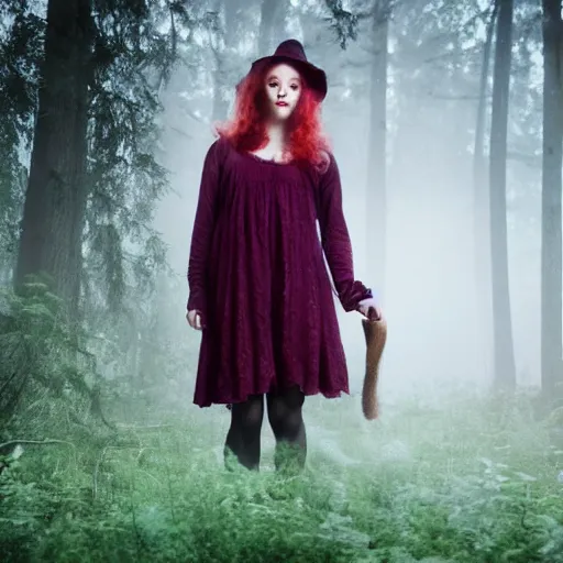 Image similar to young woman is a cottagecore witch, with rosy hair, with teal clothes, in a foggy forest, hyper - realistic, 4 k, full body, vogue photoshoot