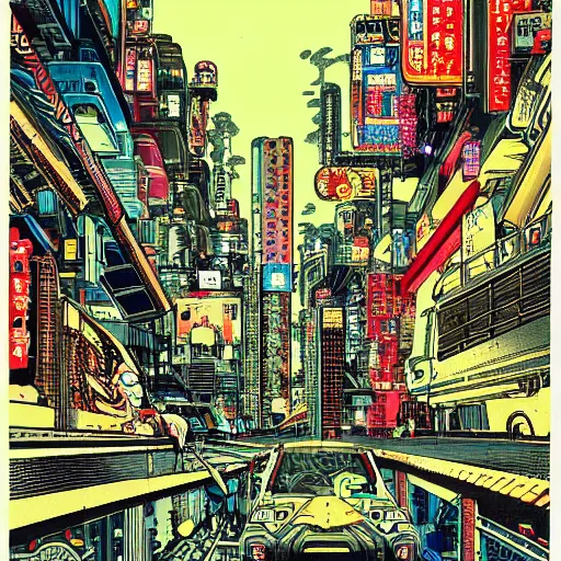 Prompt: Maximalism illustration of Cyberpunk Tokyo by Otomo Katsuhiro