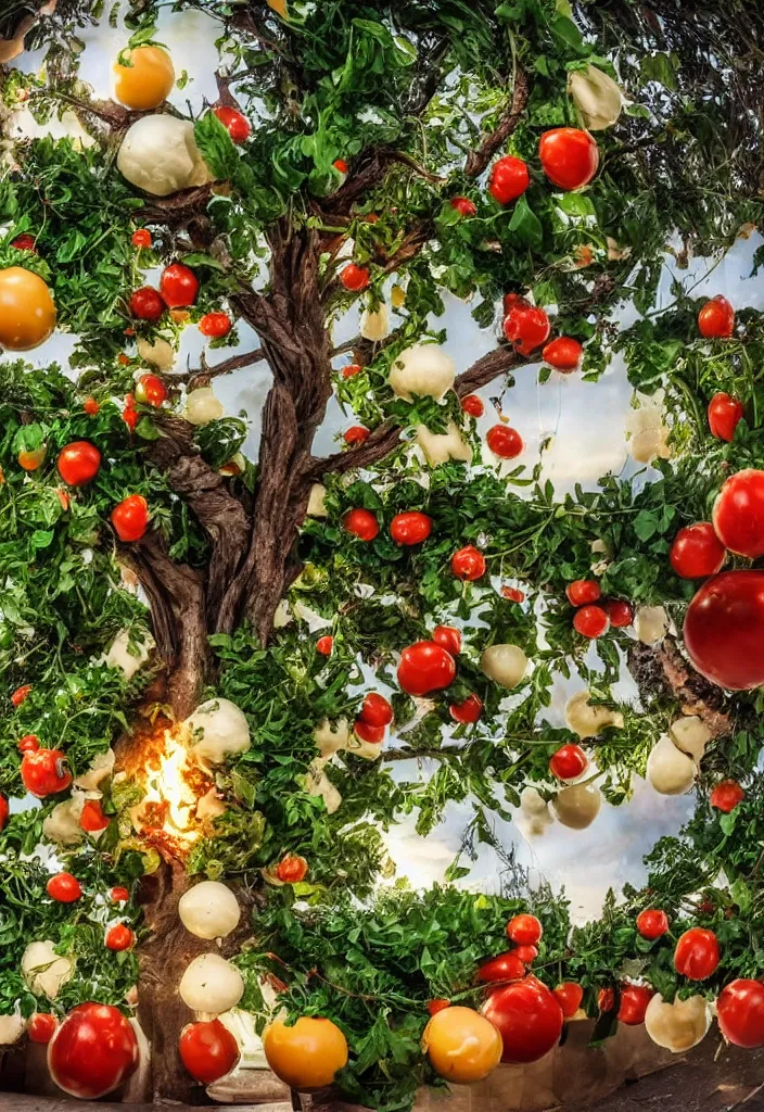 Prompt: extremely detailed fantasy tree growing out of a mozzarella ball, tomatoes hanging from the branches, very large basil leaves, twisted trunk, lots of mozzarella balls hanging in tree, plenty mozzarella, a fire burning in the pizza oven in the background, masterpiece, volumetric light, by pixar