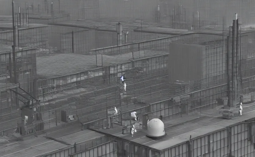 Prompt: industrial towers workers smoke photorealistic