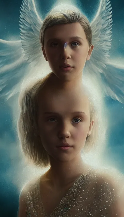 Image similar to portrait art of millie bobby brown or alicia vikander as a blonde angel, art by alessio albi 8 k ultra realistic, angel wings, lens flare, atmosphere, glow, detailed, intricate, full of colour, led lighting, trending on artstation, 4 k, hyperrealistic, focused, extreme details, unreal engine 5, masterpiece