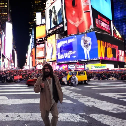 Prompt: a confused looking caveman in the middle of times square, high quality, high resolution