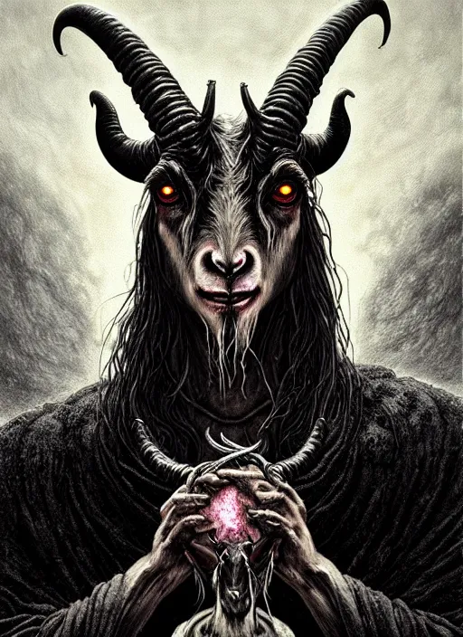 Image similar to elden ring themed undead baphomet goat icon tarot card portrait, malevolent gaze, doom aesthetic, religious, sinister, ornate, intricate, beautifully backlit, subtle tones, digital painting, concept art, smooth, sharp focus, illustration, art by josan gonzalez, greg rutkowski, killian eng and zdizslaw beksinski