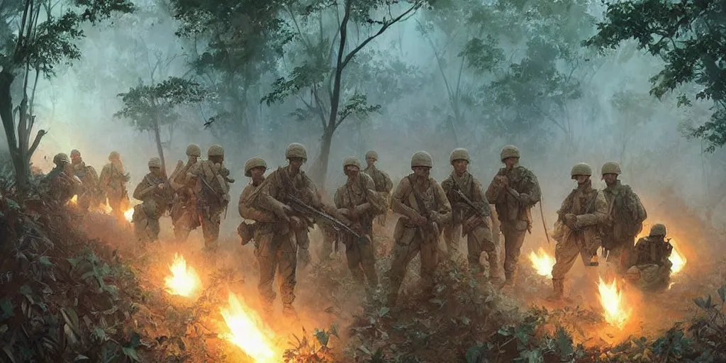 Image similar to a platoon of american soldiers on night patrol in the vietnamese jungle illuminated by napalm strike, beautiful, cinematic, art by artgerm and greg rutkowski and alphonse mucha and loish and wlop