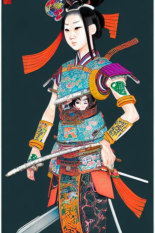 Prompt: full view, from a distance, of anthropomorphic trashcan as a girl warrior from the qing dynasty, full of trash, style of yoshii chie and hikari shimoda and martine johanna, highly detailed