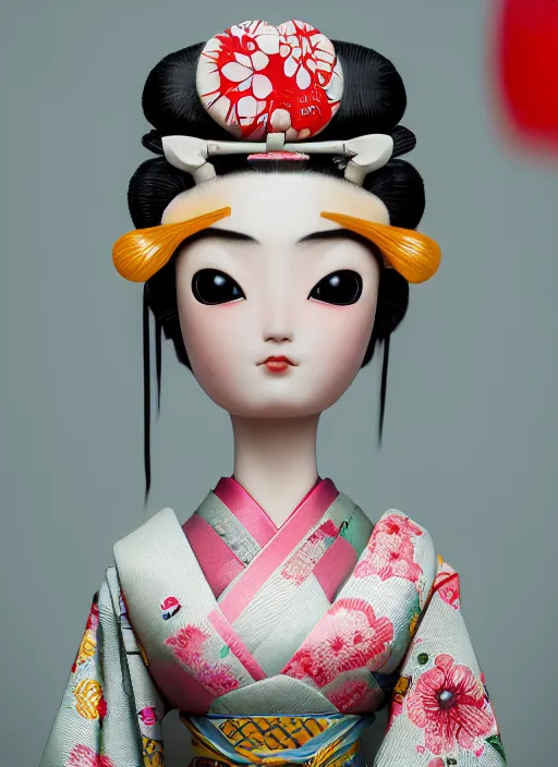 Image similar to closeup portrait of tin toy japan geisha kimono girl trap, depth of field, zeiss lens, detailed, symmetrical, centered, fashion photoshoot, by nicoletta ceccoli, mark ryden, lostfish, breathtaking, 8 k resolution, extremely detailed, beautiful, establishing shot, artistic, hyperrealistic, octane render